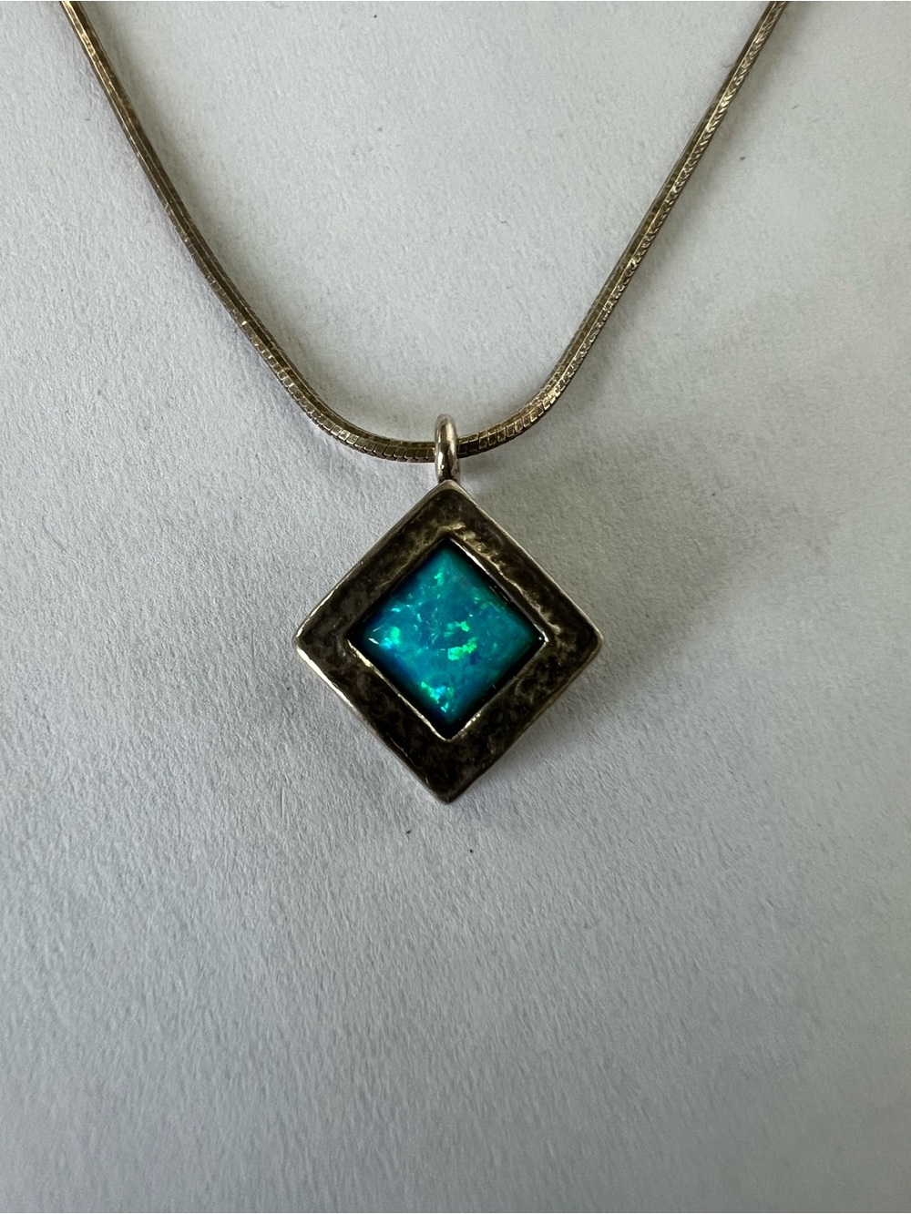 Sterling Silver Blue Opal Square Pendant Necklace